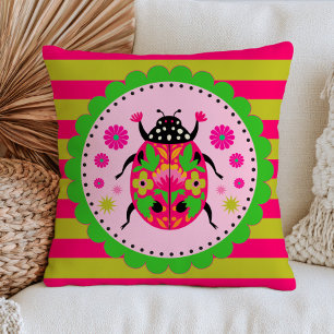 Folk Art Ladybug Pink& Green Stripes Floral Bug Cushion