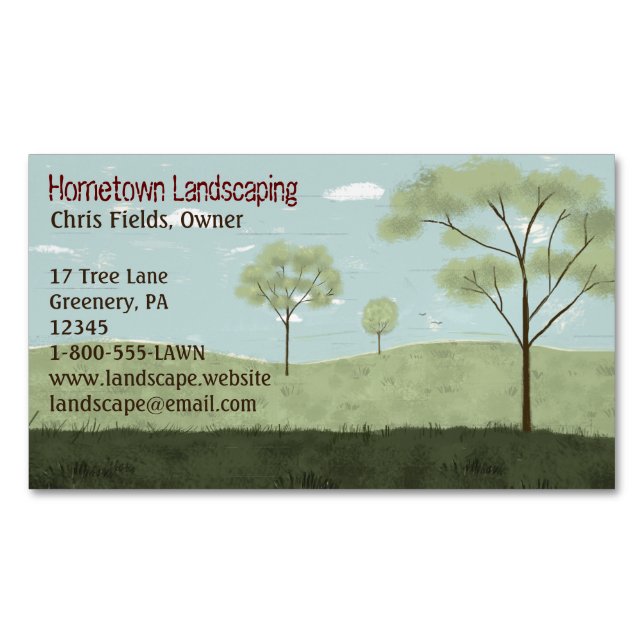 Folk Art Landscape | Country Fields and Trees Magnetic Business Card (Front)
