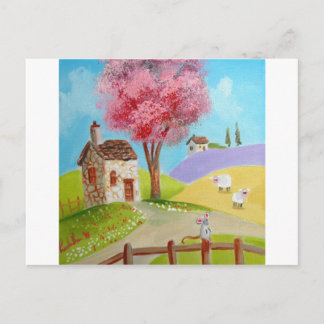 Folk art landscape mouse sheep old cottage postcard