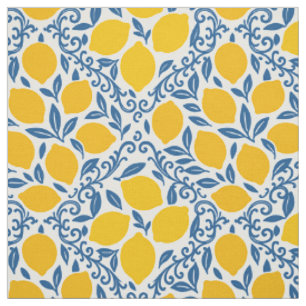 Folk Art Lemon Block Print in Gold & Blue Fabric