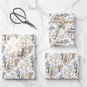 Folk Art Meadow & Blue Bird in Earth Tones Wrapping Paper Sheet