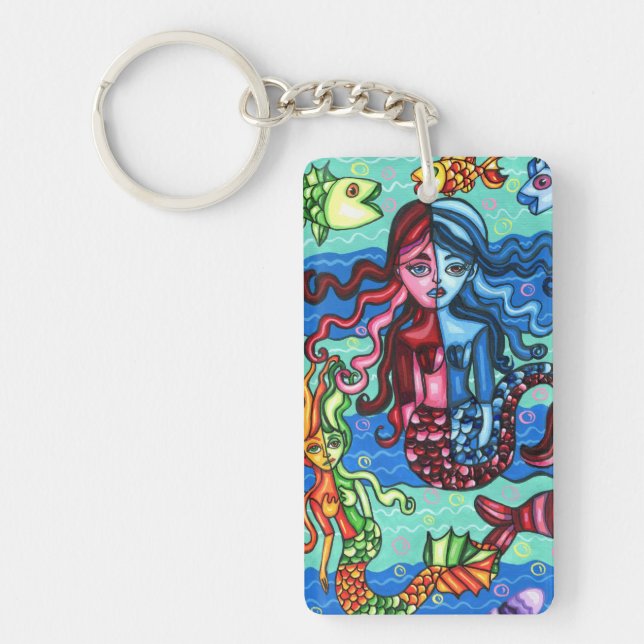 Folk art Mermaids Fish Abstract Original Painting Key Ring (Front)