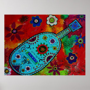 Folk Art Mexican Guitar Painting Poster
