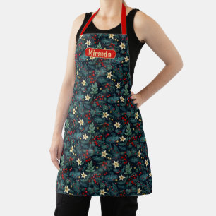 Folk Art Mistletoe Holly Berries Christmas Apron