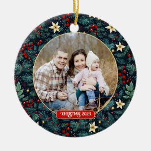 Folk Art Mistletoe Holly Berries Christmas Photo Ceramic Ornament