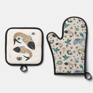 Folk art mitt and fish art pot holder oven mitt & pot holder set