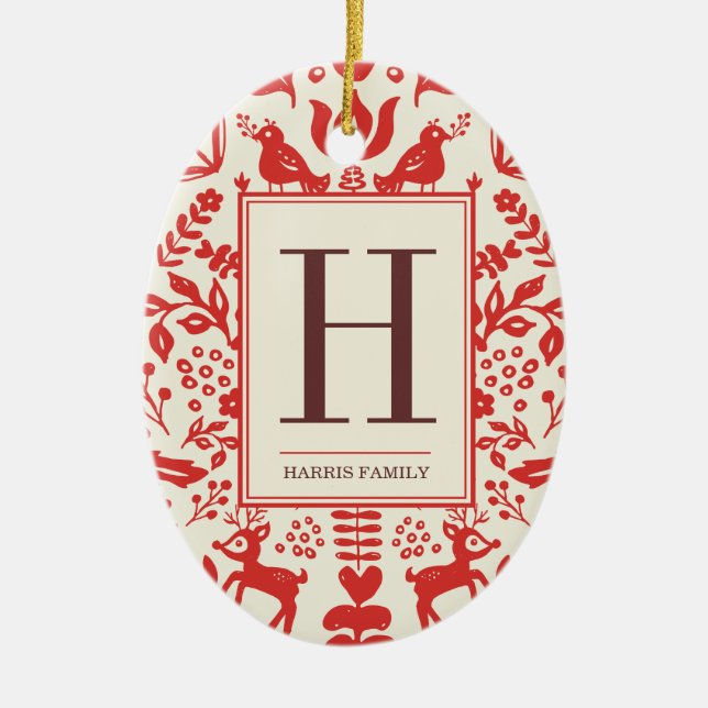 Folk Art Monogram & Photo Holiday Ornament (Front)
