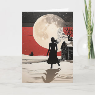 Folk Art Moon Woman Christmas Card Custom