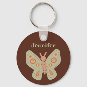 Folk Art Moth, Butterfly on Brown Personalised Key Ring