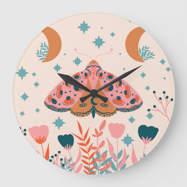 Folk Art Moths: Bright Vintage Illustration Large Clock (Front)