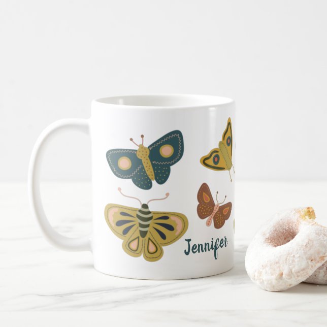 Folk Art Moths Butterflies Collage Personalised Coffee Mug (With Donut)