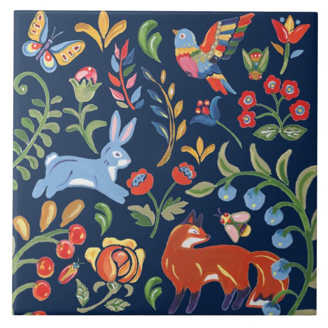 Folk Art Navy Animal Woodland Floral Fox Rabbit Ceramic Tile (Front)