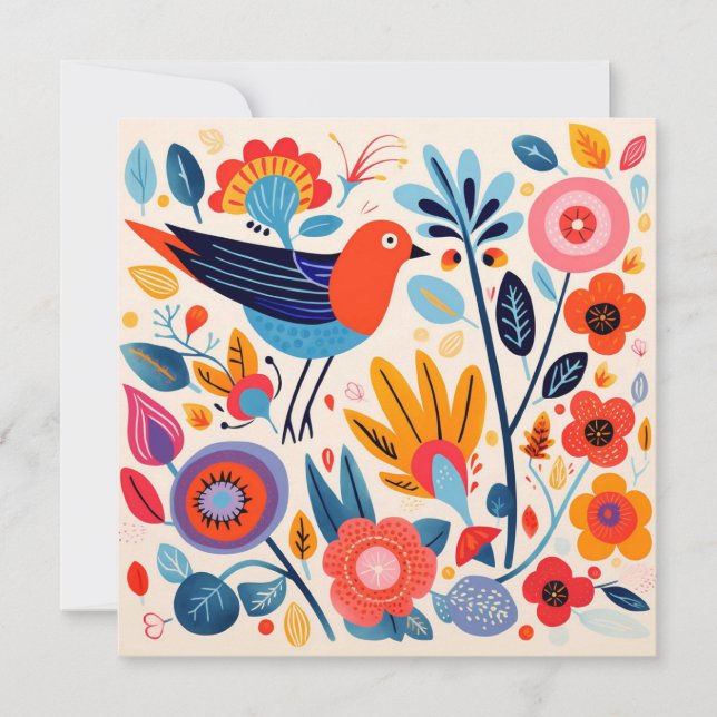 Folk Art Nordic Floral Bird Holiday Card (Front)