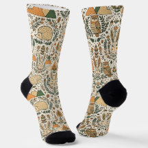 Folk Art Nordic Forest Rabbit Hedgehog Owl Socks