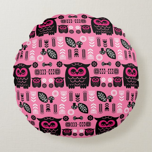 Folk Art Nordic Owl Round Cushion (Front)