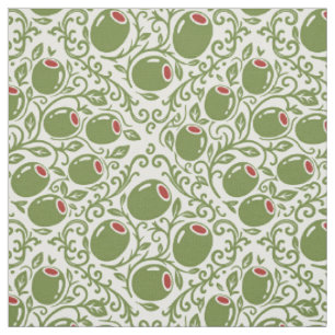 Folk Art Olive Block Print in Green & Burgundy Fabric