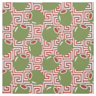 Folk Art Olive Greek Key - Green & Burgundy Fabric