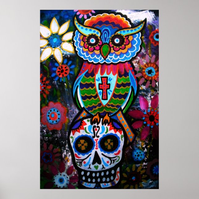 FOLK ART OWL DAY OF THE DEAD PAINTING POSTER (Front)