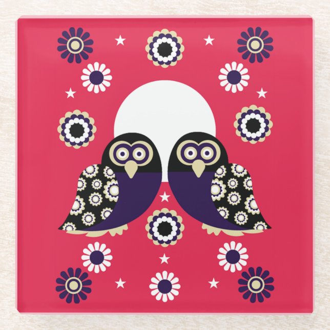 Folk Art Owl Glass Coaster (Front)