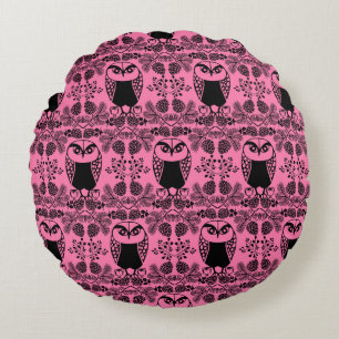 Folk Art Owl Prints Round Cushion