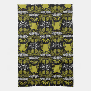 Folk Art Owl Prints Tea Towel