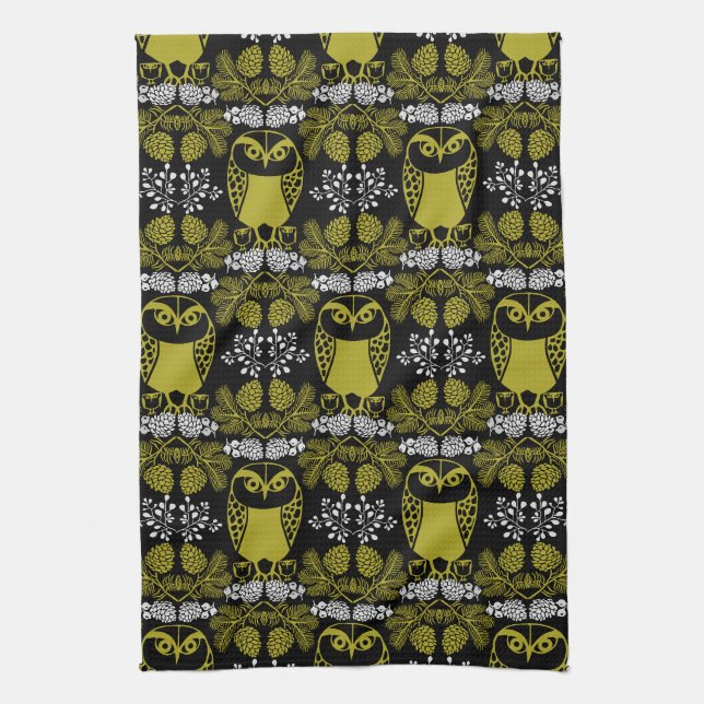 Folk Art Owl Prints Tea Towel (Vertical)