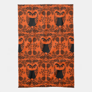 Folk Art Owl Prints Tea Towel