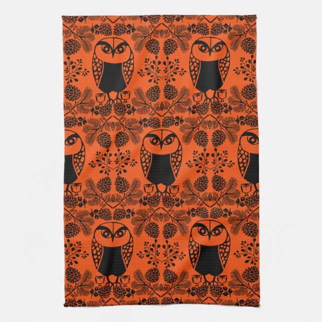 Folk Art Owl Prints Tea Towel (Vertical)