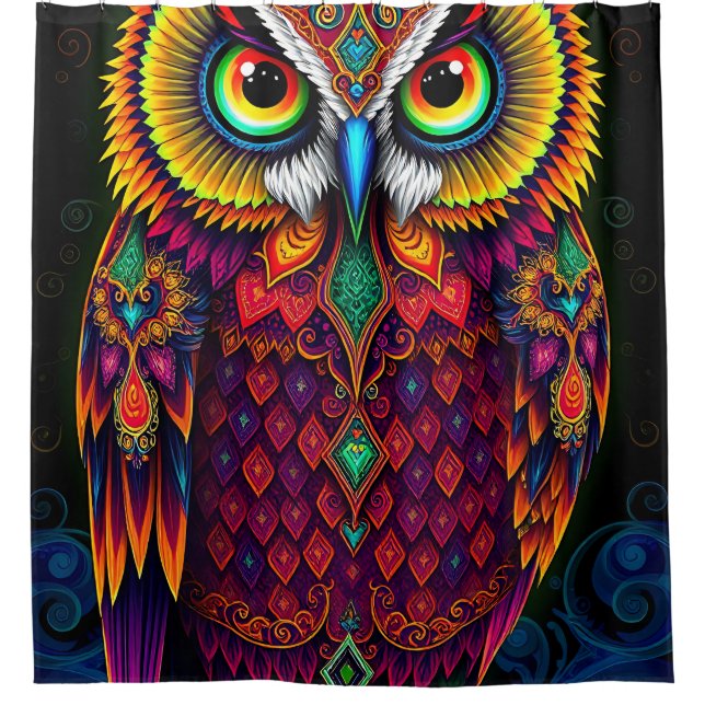 Folk Art Owl: Whimsical Red Teal Design Shower Curtain (Front)