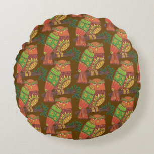 Folk Art Owls on Branches Kids Brown  Round Cushion