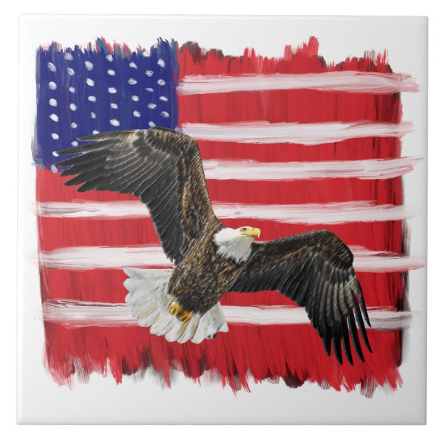 Folk Art Painted Flag And Eagle Ceramic Tile (Front)