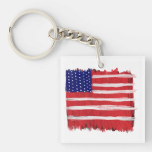 Folk Art Painted Flag Key Ring