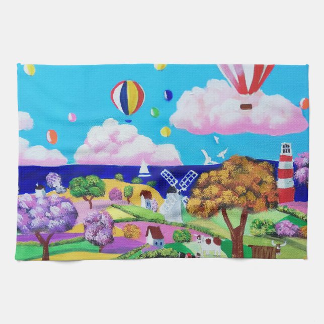 Folk art painting - happy seaside tea towel (Horizontal)