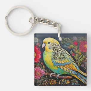 Folk Art Parakeet with Flowers Key Ring