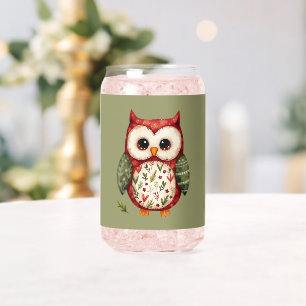 Folk Art Patchwork Owl Cottagecore Woodland Can Glass