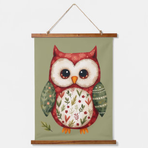 Folk Art Patchwork Owl Cottagecore Woodland Hanging Tapestry