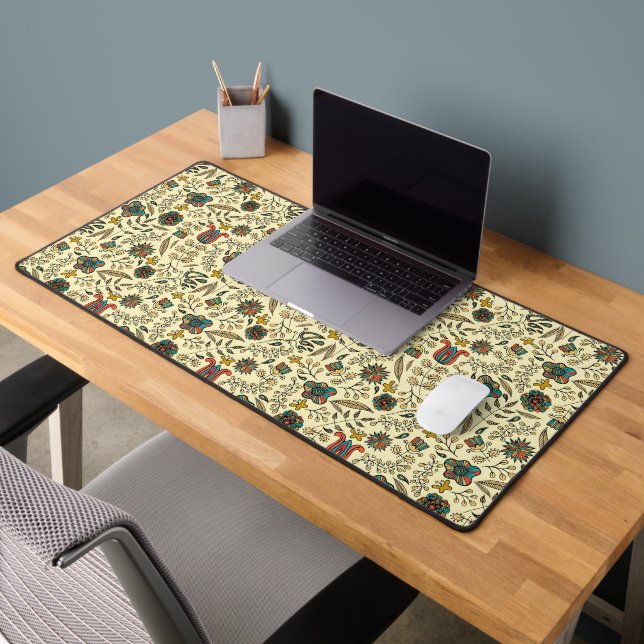 Folk art pattern on pale yellow background desk mat (Office 2)