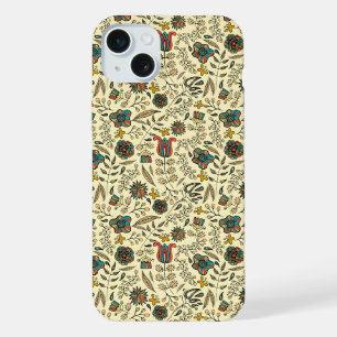 Folk art pattern on pale yellow background iPhone 15 plus case