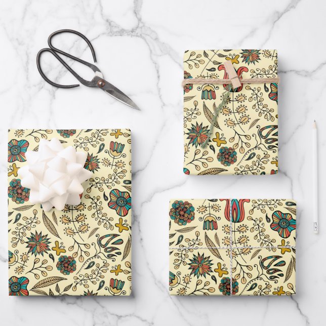 Folk art pattern on pale yellow background wrapping paper sheet (Front)