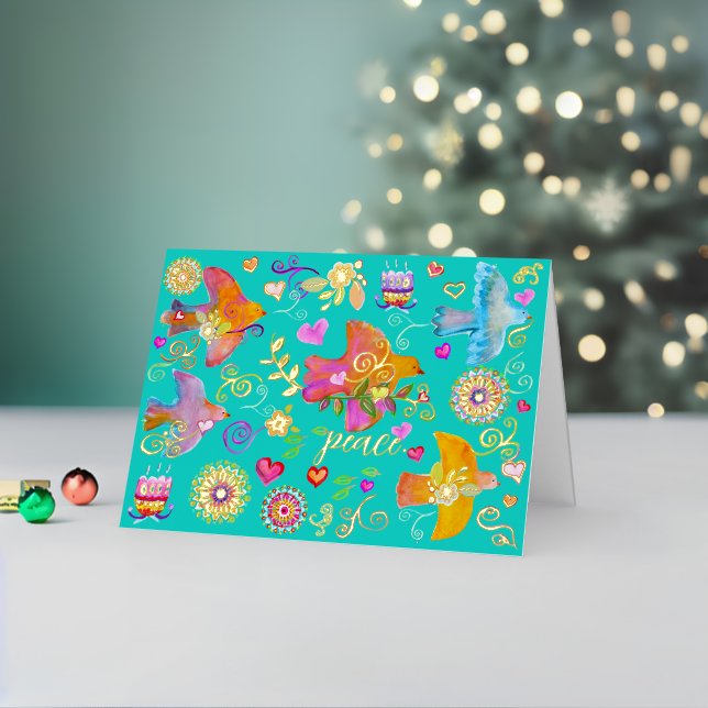 Folk Art Peace Doves Folded Foil Holiday Card (Holiday In Situ 2)