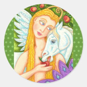 FOLK ART PEGASUS AND EVE IN GARDEN OF EDEN, HORSE CLASSIC ROUND STICKER