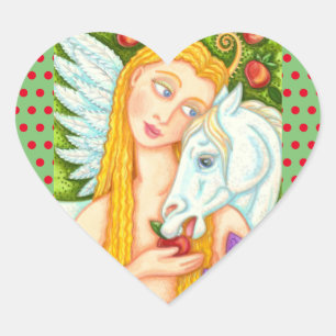 FOLK ART PEGASUS AND EVE IN GARDEN OF EDEN, HORSE HEART STICKER