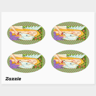 FOLK ART PEGASUS AND EVE IN GARDEN OF EDEN, HORSE OVAL STICKER