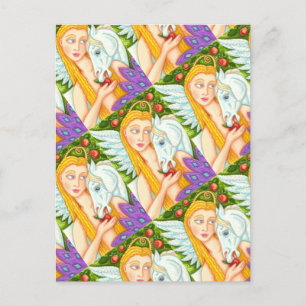 FOLK ART PEGASUS AND EVE IN GARDEN OF EDEN, HORSE  POSTCARD