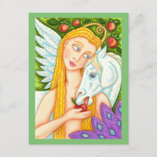 FOLK ART PEGASUS AND EVE IN GARDEN OF EDEN, HORSE  POSTCARD