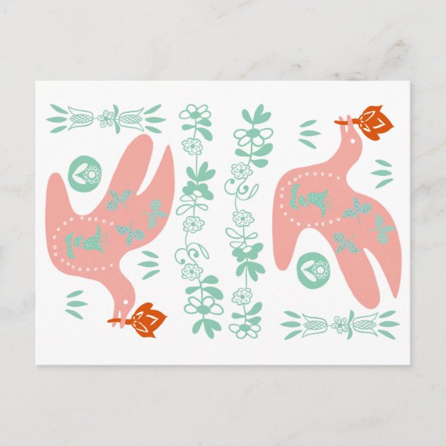 folk art pigeons with lottery flowers and plants postcard (Front)