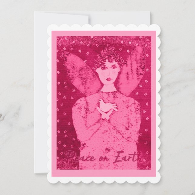 Folk Art Pink Angel of Peace with White Dove Holiday Card (Front)