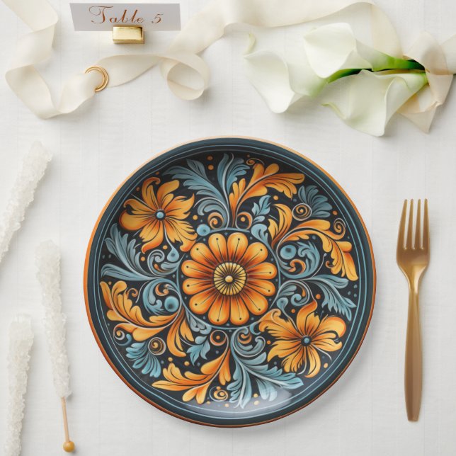 Folk Art Pottery Inspired Yellow, Rust, Navy Paper Plate (Wedding)