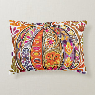  Folk Art Pumpkin Throw Pillow Rustic Fall Flowers