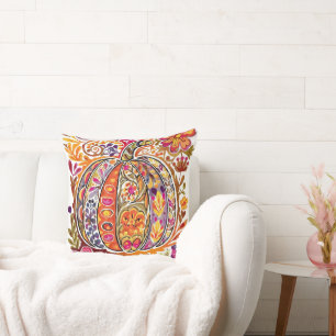  Folk Art Pumpkin Throw Pillow Rustic Fall Flowers